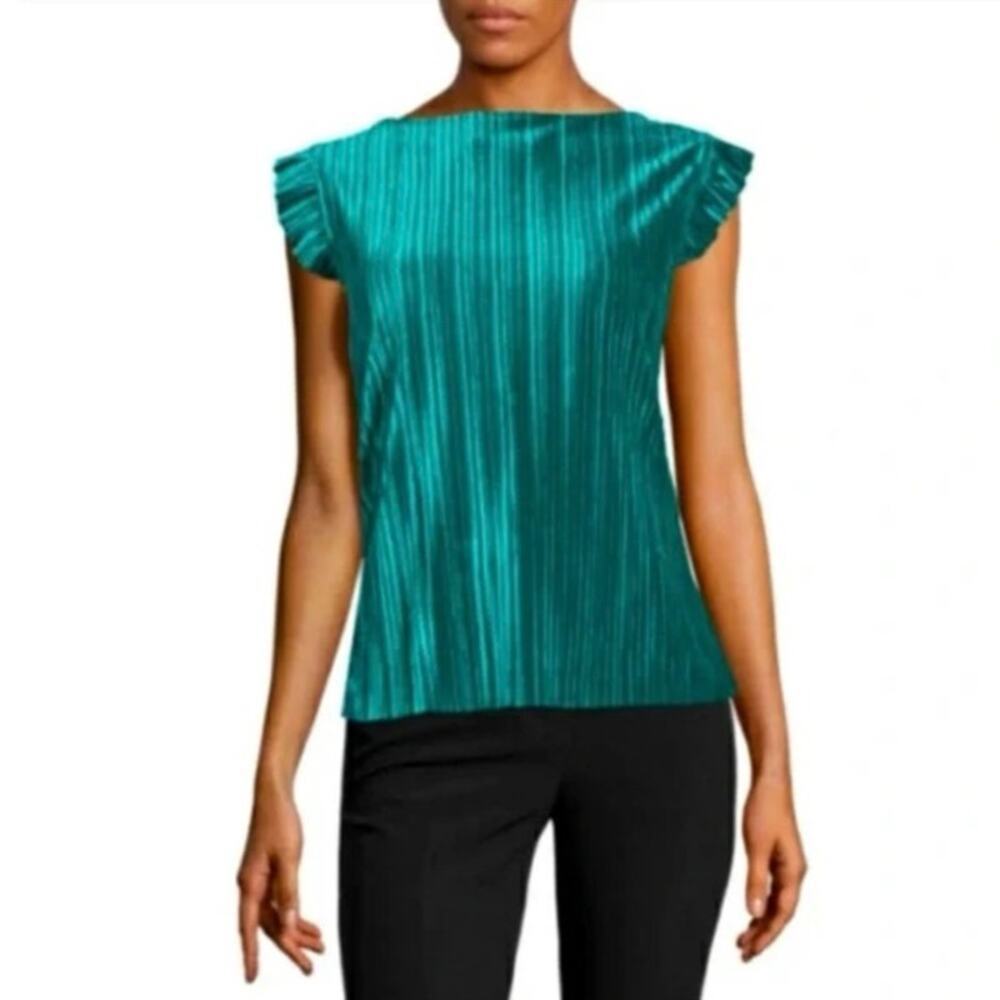 Worthington Pleated Velvet Top Blouse Shirt Green Women’s size Medium EUC